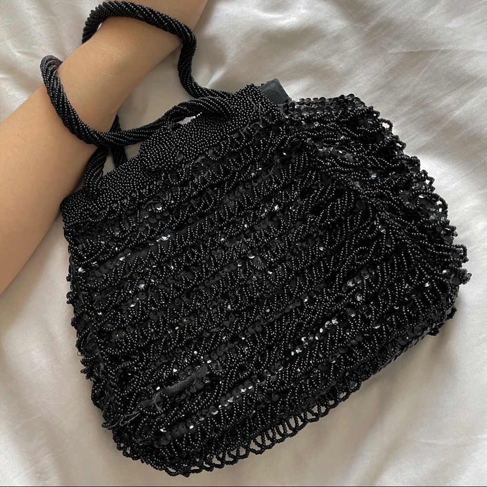 Vintage Black Small Beaded Embroidered Purse